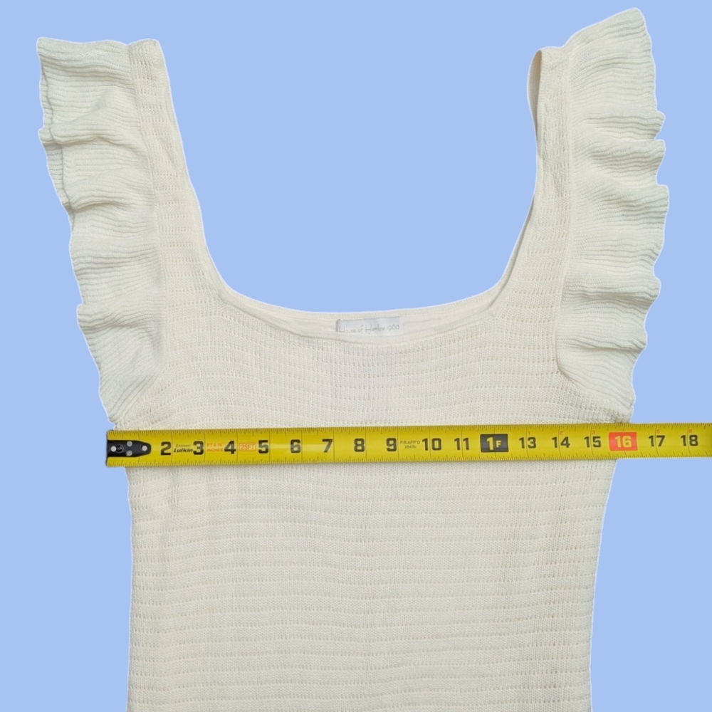 House of Harlow 1960 Ruffle Crochet Dress Ivory Pointelle Tight Knit Mini - Picture 7 of 9